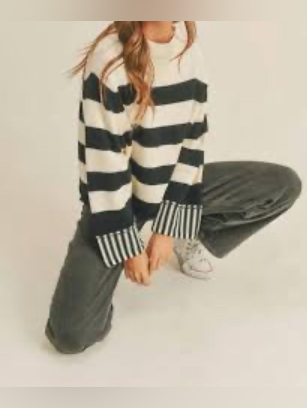 Miou Muse 100% cotton striped sweater black cream Size Medium Coastal Beachy